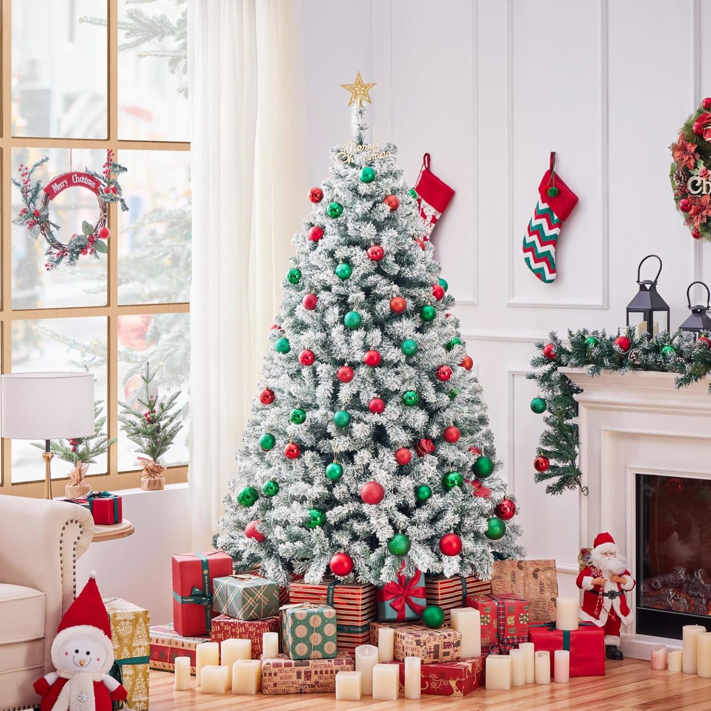 Yaheetech 7.5ft Pre-lit Artificial Christmas Tree W/Incandescent Warm White Lights, Snow Flocked Full Prelighted Xmas Tree W/1284 Branch Tips, 550 Incandescent Lights & Foldable Stand, Green & White