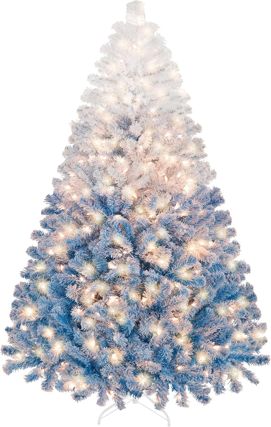 Yaheetech 7.5ft Pre-lit Artificial Christmas Tree W/Incandescent Warm White Lights, Snow Flocked Full Prelighted Xmas Tree W/1284 Branch Tips, 550 Incandescent Lights & Foldable Stand, Green & White
