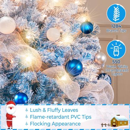 Yaheetech 7.5ft Pre-lit Artificial Christmas Tree W/Incandescent Warm White Lights, Snow Flocked Full Prelighted Xmas Tree W/1284 Branch Tips, 550 Incandescent Lights & Foldable Stand, Green & White