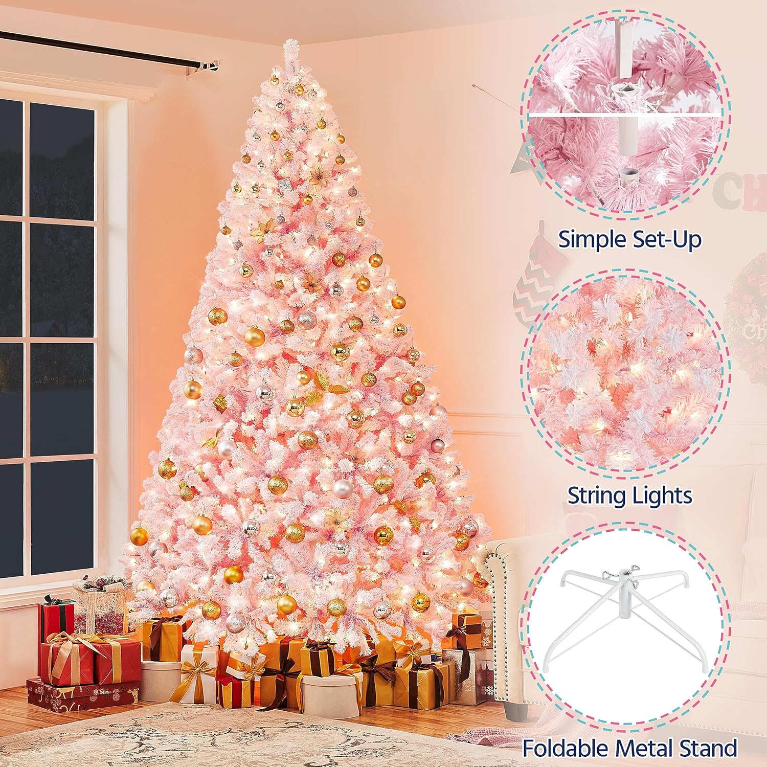 Yaheetech 7.5ft Pre-lit Artificial Christmas Tree W/Incandescent Warm White Lights, Snow Flocked Full Prelighted Xmas Tree W/1284 Branch Tips, 550 Incandescent Lights & Foldable Stand, Green & White