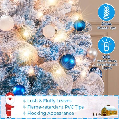 Yaheetech 7.5ft Pre-lit Artificial Christmas Tree W/Incandescent Warm White Lights, Snow Flocked Full Prelighted Xmas Tree W/1284 Branch Tips, 550 Incandescent Lights & Foldable Stand, Green & White