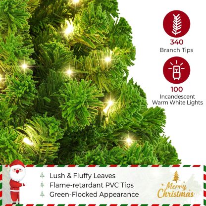 Yaheetech 7.5ft Pre-lit Artificial Christmas Tree W/Incandescent Warm White Lights, Snow Flocked Full Prelighted Xmas Tree W/1284 Branch Tips, 550 Incandescent Lights & Foldable Stand, Green & White