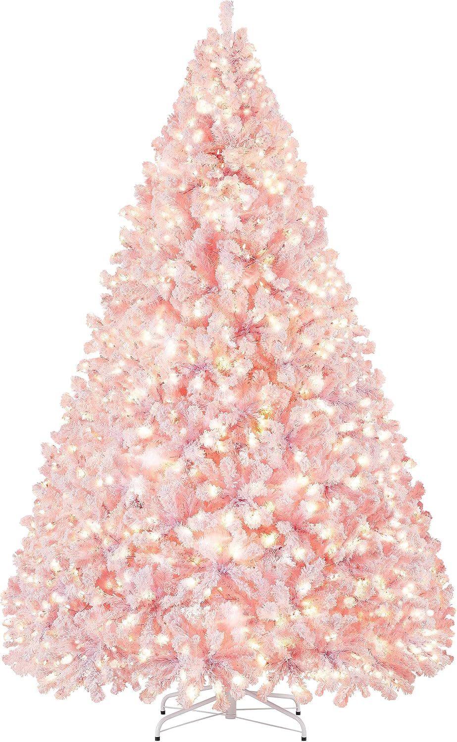 Yaheetech 7.5ft Pre-lit Artificial Christmas Tree W/Incandescent Warm White Lights, Snow Flocked Full Prelighted Xmas Tree W/1284 Branch Tips, 550 Incandescent Lights & Foldable Stand, Green & White