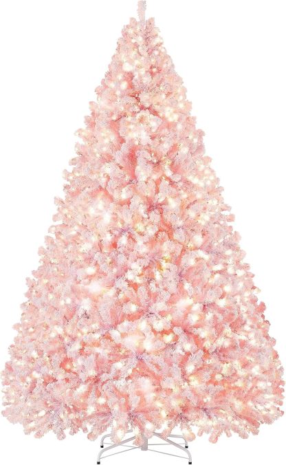Yaheetech 7.5ft Pre-lit Artificial Christmas Tree W/Incandescent Warm White Lights, Snow Flocked Full Prelighted Xmas Tree W/1284 Branch Tips, 550 Incandescent Lights & Foldable Stand, Green & White
