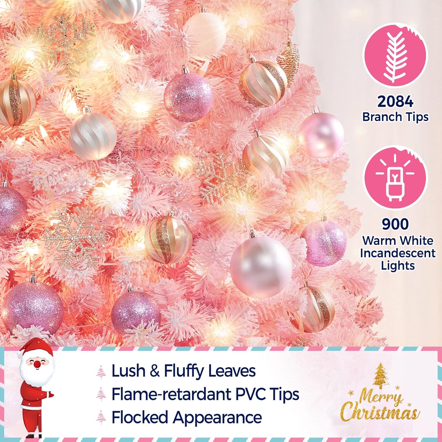 Yaheetech 7.5ft Pre-lit Artificial Christmas Tree W/Incandescent Warm White Lights, Snow Flocked Full Prelighted Xmas Tree W/1284 Branch Tips, 550 Incandescent Lights & Foldable Stand, Green & White