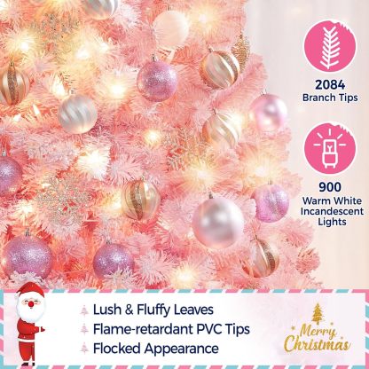Yaheetech 7.5ft Pre-lit Artificial Christmas Tree W/Incandescent Warm White Lights, Snow Flocked Full Prelighted Xmas Tree W/1284 Branch Tips, 550 Incandescent Lights & Foldable Stand, Green & White