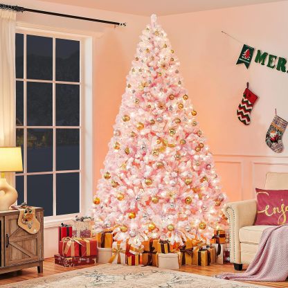 Yaheetech 7.5ft Pre-lit Artificial Christmas Tree W/Incandescent Warm White Lights, Snow Flocked Full Prelighted Xmas Tree W/1284 Branch Tips, 550 Incandescent Lights & Foldable Stand, Green & White