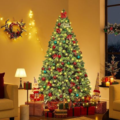 Yaheetech 7.5ft Pre-lit Artificial Christmas Tree W/Incandescent Warm White Lights, Snow Flocked Full Prelighted Xmas Tree W/1284 Branch Tips, 550 Incandescent Lights & Foldable Stand, Green & White