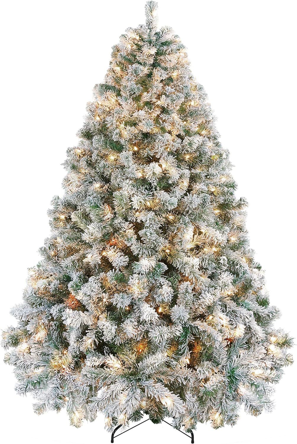 Yaheetech 7.5ft Pre-lit Artificial Christmas Tree W/Incandescent Warm White Lights, Snow Flocked Full Prelighted Xmas Tree W/1284 Branch Tips, 550 Incandescent Lights & Foldable Stand, Green & White