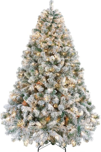 Yaheetech 7.5ft Pre-lit Artificial Christmas Tree W/Incandescent Warm White Lights, Snow Flocked Full Prelighted Xmas Tree W/1284 Branch Tips, 550 Incandescent Lights & Foldable Stand, Green & White