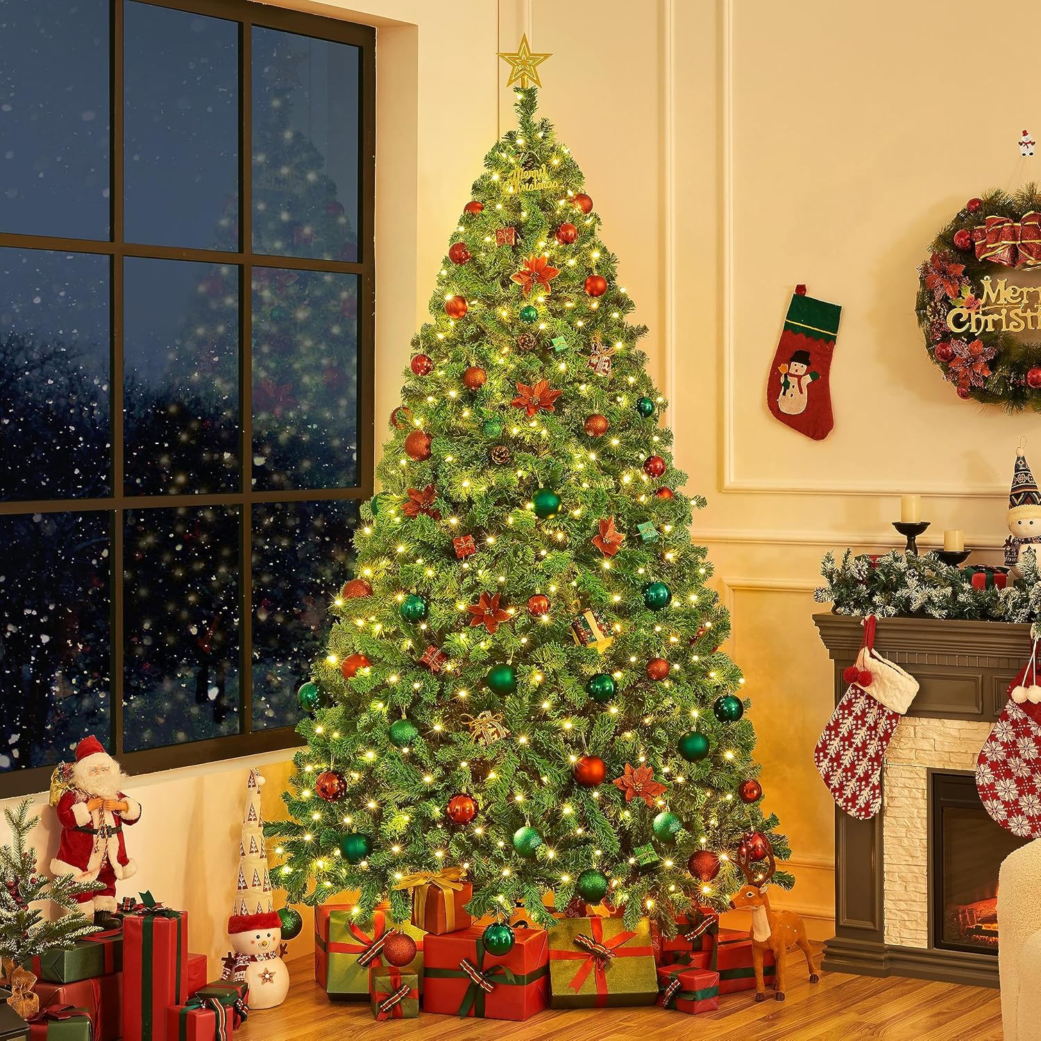 Yaheetech 7.5ft Pre-lit Artificial Christmas Tree W/Incandescent Warm White Lights, Snow Flocked Full Prelighted Xmas Tree W/1284 Branch Tips, 550 Incandescent Lights & Foldable Stand, Green & White