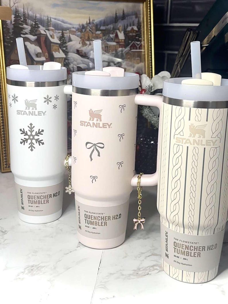 Winter 30oz Stanley Quencher Engraved Tumblers Holiday Cozy Collection | Sweater, Bow, & Snowflake Design
