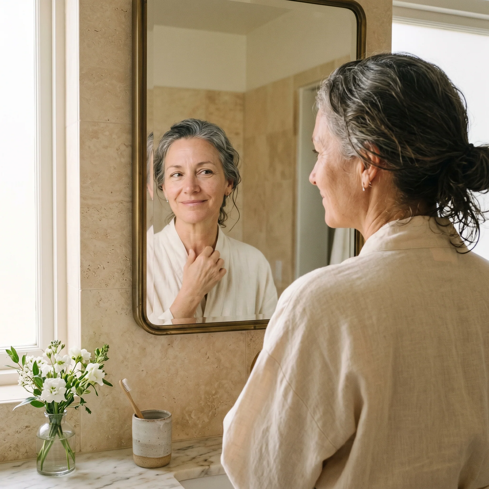 Woman looking in mirror