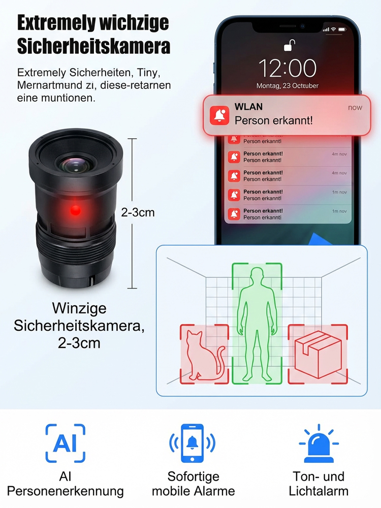 3MP Mini-Sicherheitskamera Kabellos | 100% Abo-frei | Montage ohne Bohren | AES-256 Datenschutz | Nachtsicht & KI-Alarm 🏠👁️