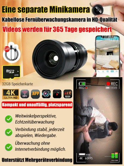 3MP Mini-Sicherheitskamera Kabellos | 100% Abo-frei | Montage ohne Bohren | AES-256 Datenschutz | Nachtsicht & KI-Alarm 🏠👁️