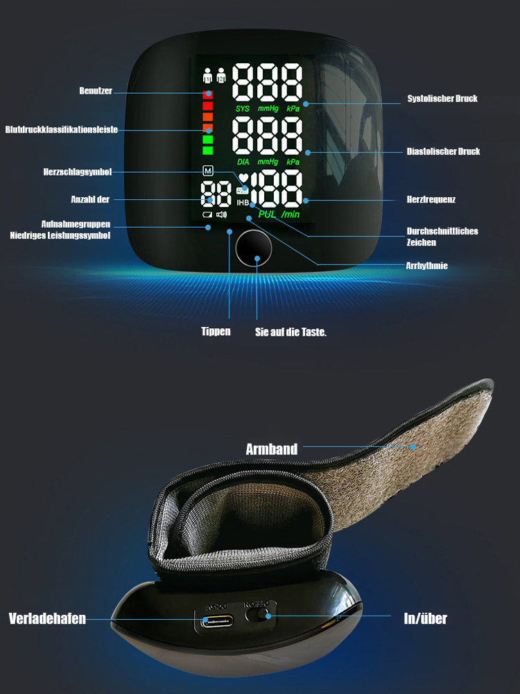 Intelligentes Handgelenk-Blutdruckmessgerät in Klinik-Qualität | TÜV Zertifiziert | 99,99% Messgenauigkeit | Deutsche Sprachausgabe | Großes Farbdisplay 🩺🇩🇪
