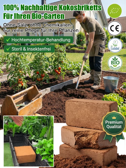 【100% Schädlingsfrei】Premium Kokos-Quellziegel (Ergibt 10L) | Nie wieder Erde schleppen | 5 Jahre Nutzbar & Torffrei | 50% Rabatt + Gratis Messbecher 🪴