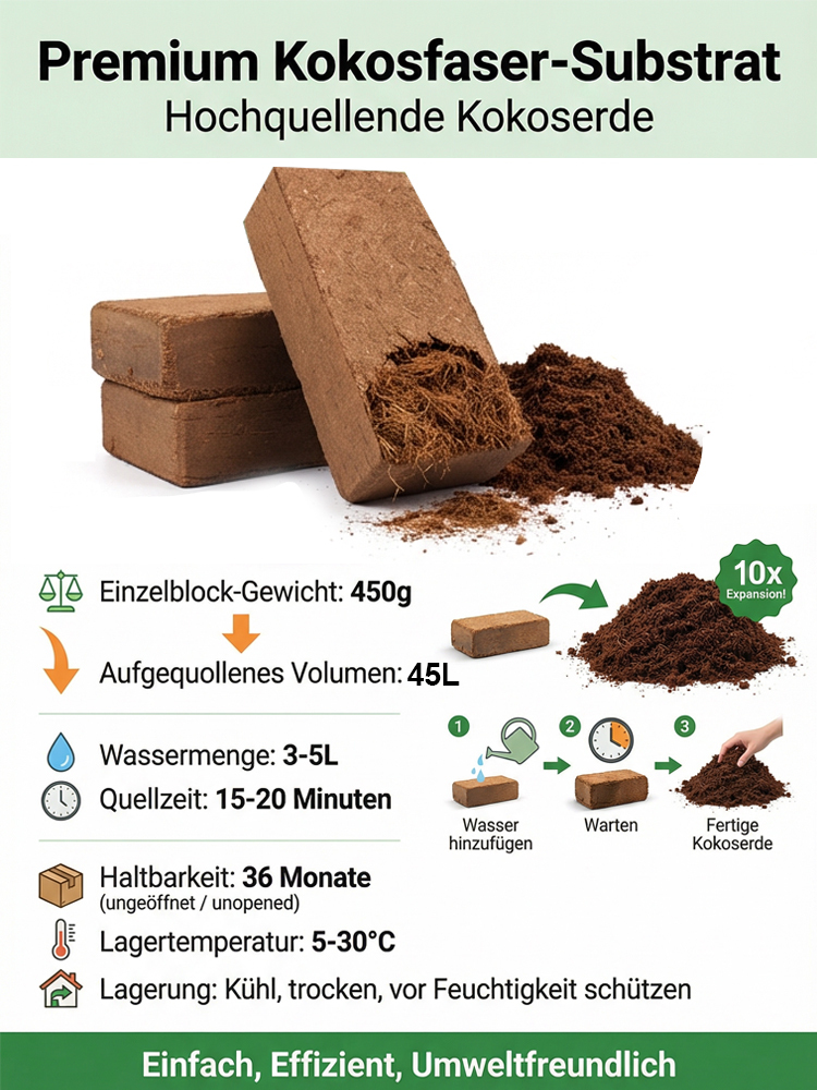 【100% Schädlingsfrei】Premium Kokos-Quellziegel (Ergibt 10L) | Nie wieder Erde schleppen | 5 Jahre Nutzbar & Torffrei | 50% Rabatt + Gratis Messbecher 🪴