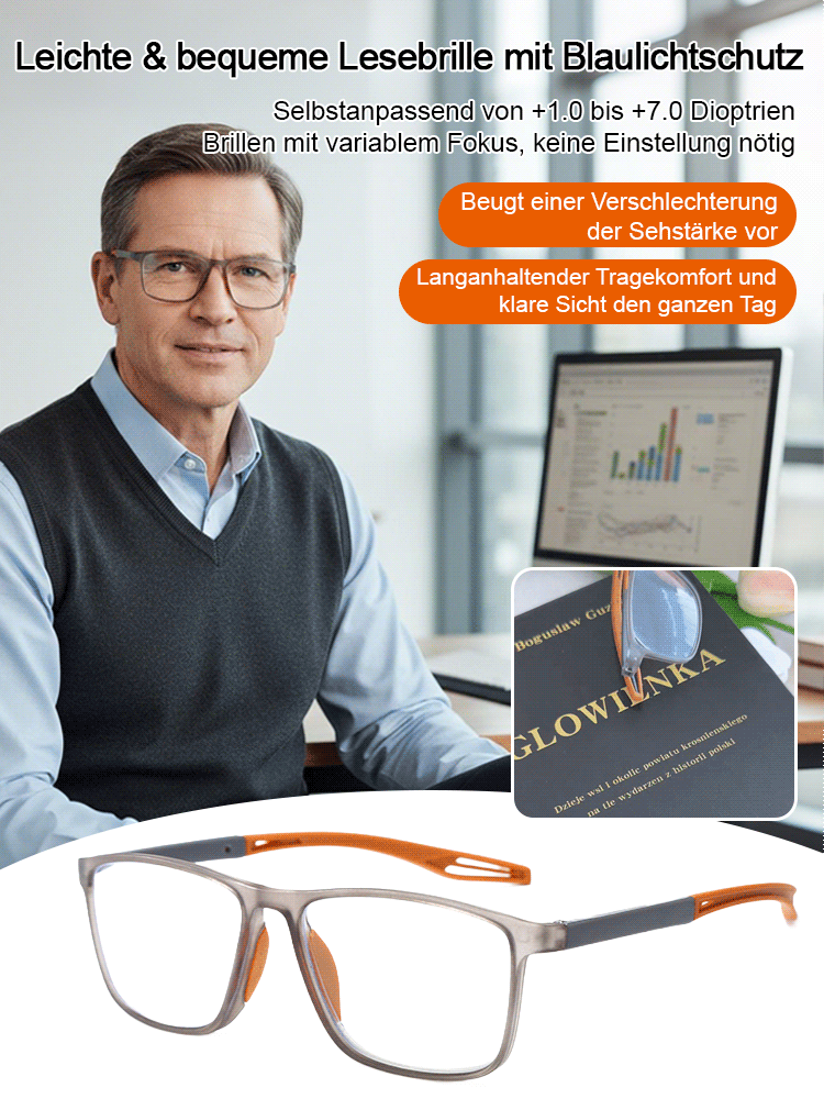 Superleichte Komfort-Brille 🌟 Kein Sehtest nötig! Die Dioptrien-Stärke passt sich automatisch von +1 bis +7 an 🌟 Bequem und sicher sitzend, passend für jede Gesichtsform.
