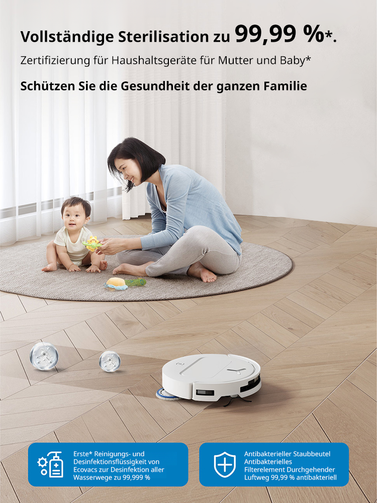 ECOVACS AI-Saugroboter ✨ Reinigt bis zu 500 Quadratmeter mit einer einzigen Ladung ✨ Kann Staub, Haare, Kaffeeflecken und Fett gründlich beseitigen, mit einer Sterilisationsrate von bis zu 99,99% ✨