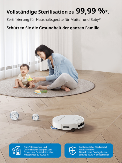 ECOVACS AI-Saugroboter ✨ Reinigt bis zu 500 Quadratmeter mit einer einzigen Ladung ✨ Kann Staub, Haare, Kaffeeflecken und Fett gründlich beseitigen, mit einer Sterilisationsrate von bis zu 99,99% ✨