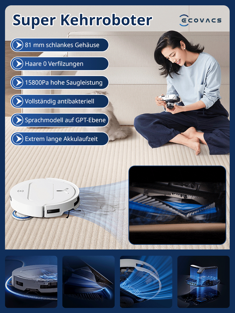 ECOVACS AI-Saugroboter ✨ Reinigt bis zu 500 Quadratmeter mit einer einzigen Ladung ✨ Kann Staub, Haare, Kaffeeflecken und Fett gründlich beseitigen, mit einer Sterilisationsrate von bis zu 99,99% ✨