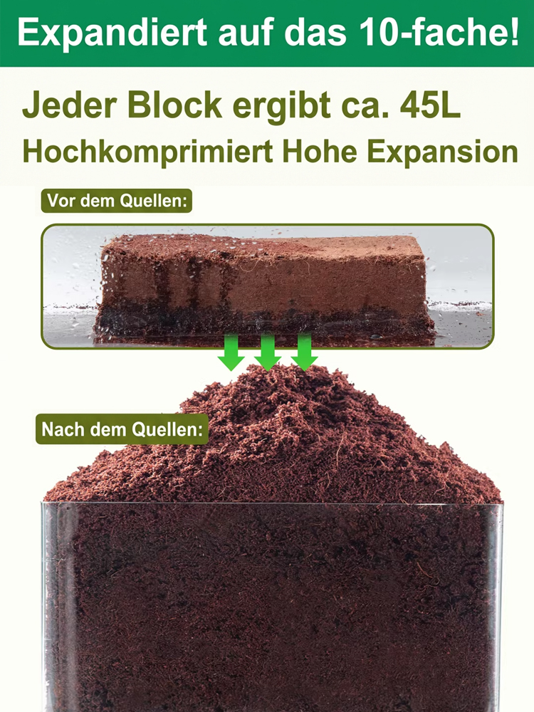 【100% Schädlingsfrei】Premium Kokos-Quellziegel (Ergibt 10L) | Nie wieder Erde schleppen | 5 Jahre Nutzbar & Torffrei | 50% Rabatt + Gratis Messbecher 🪴