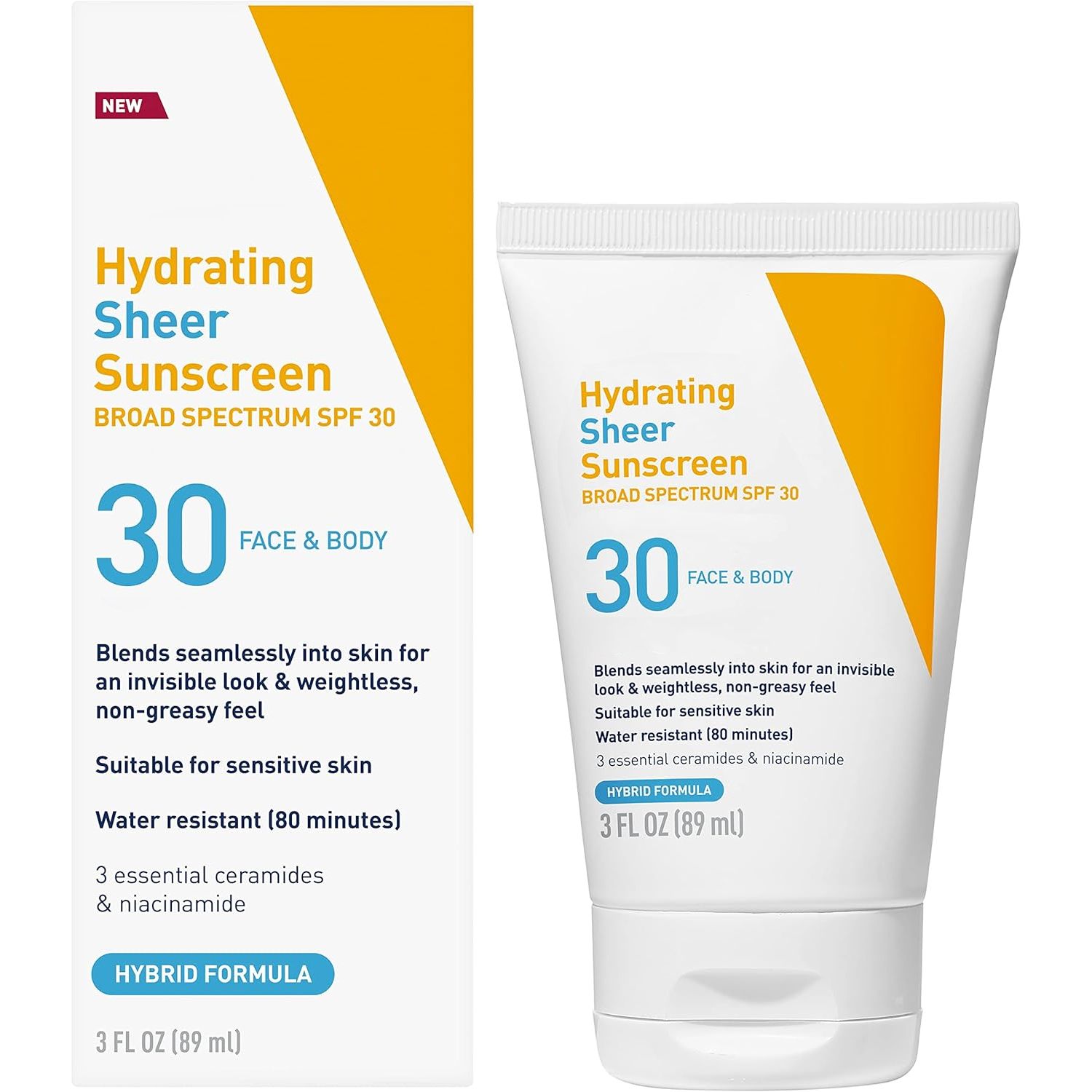 Hydrating Sheer Sunscreen SPF 30 for Face and Body, Mineral & Chemical Sunscreen with Zinc Oxide, Hyaluronic Acid, Niacinamides and Ceramides, Paraben Free Fragrance Free