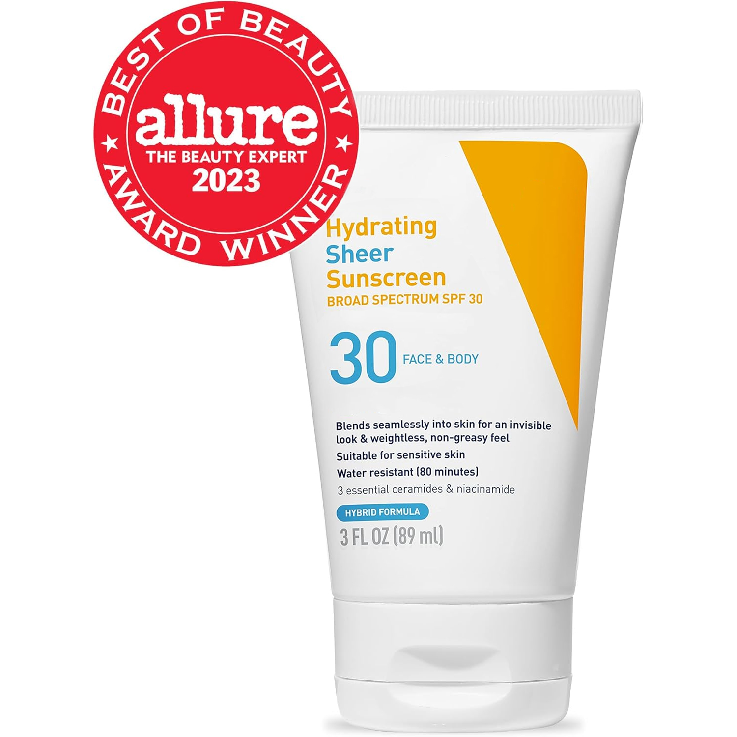 Hydrating Sheer Sunscreen SPF 30 for Face and Body, Mineral & Chemical Sunscreen with Zinc Oxide, Hyaluronic Acid, Niacinamides and Ceramides, Paraben Free Fragrance Free