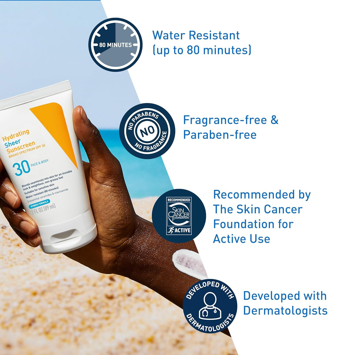 Hydrating Sheer Sunscreen SPF 30 for Face and Body, Mineral & Chemical Sunscreen with Zinc Oxide, Hyaluronic Acid, Niacinamides and Ceramides, Paraben Free Fragrance Free