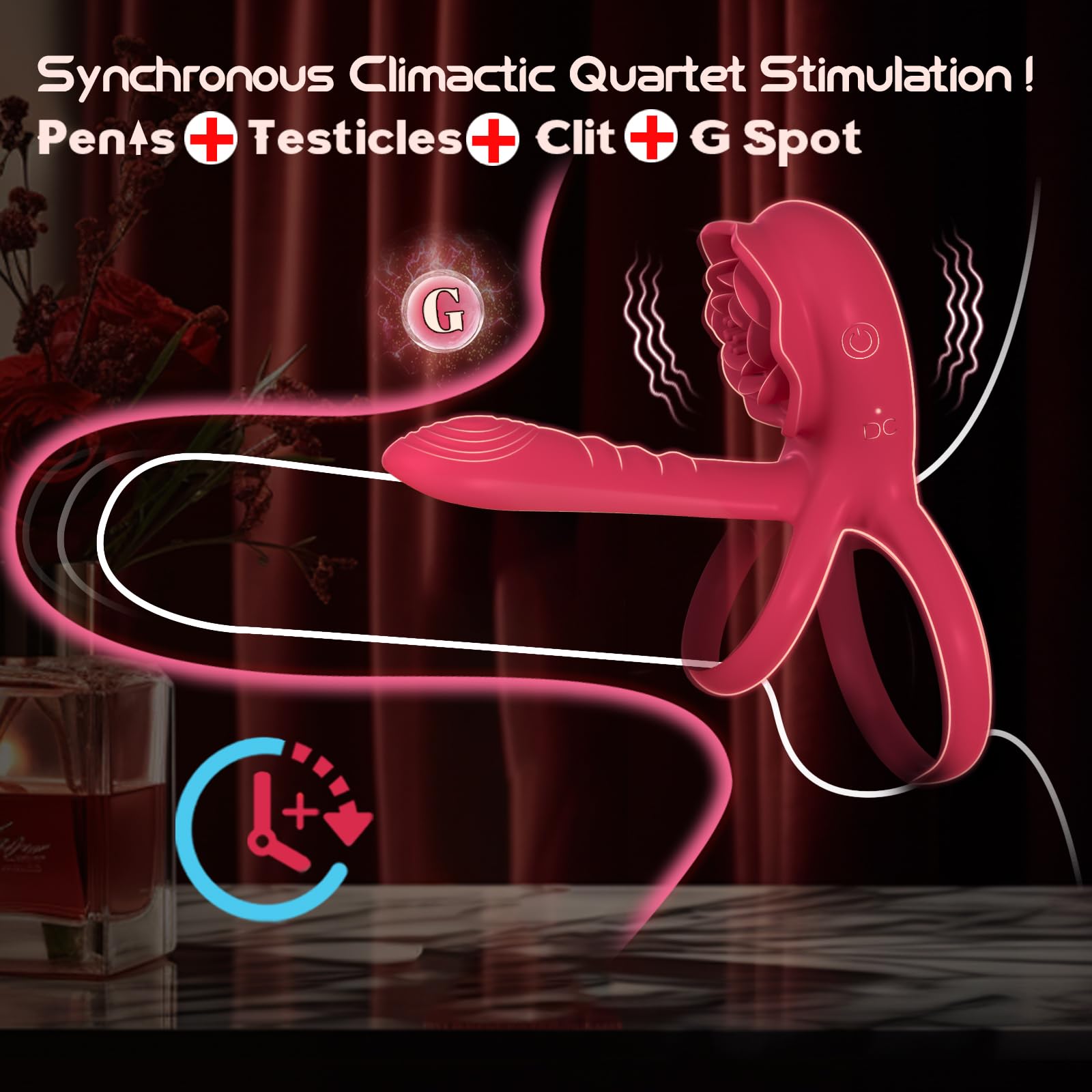 3-in-1 Couple Toys Cock Ring with Rose Clit Stimulate Vibrator