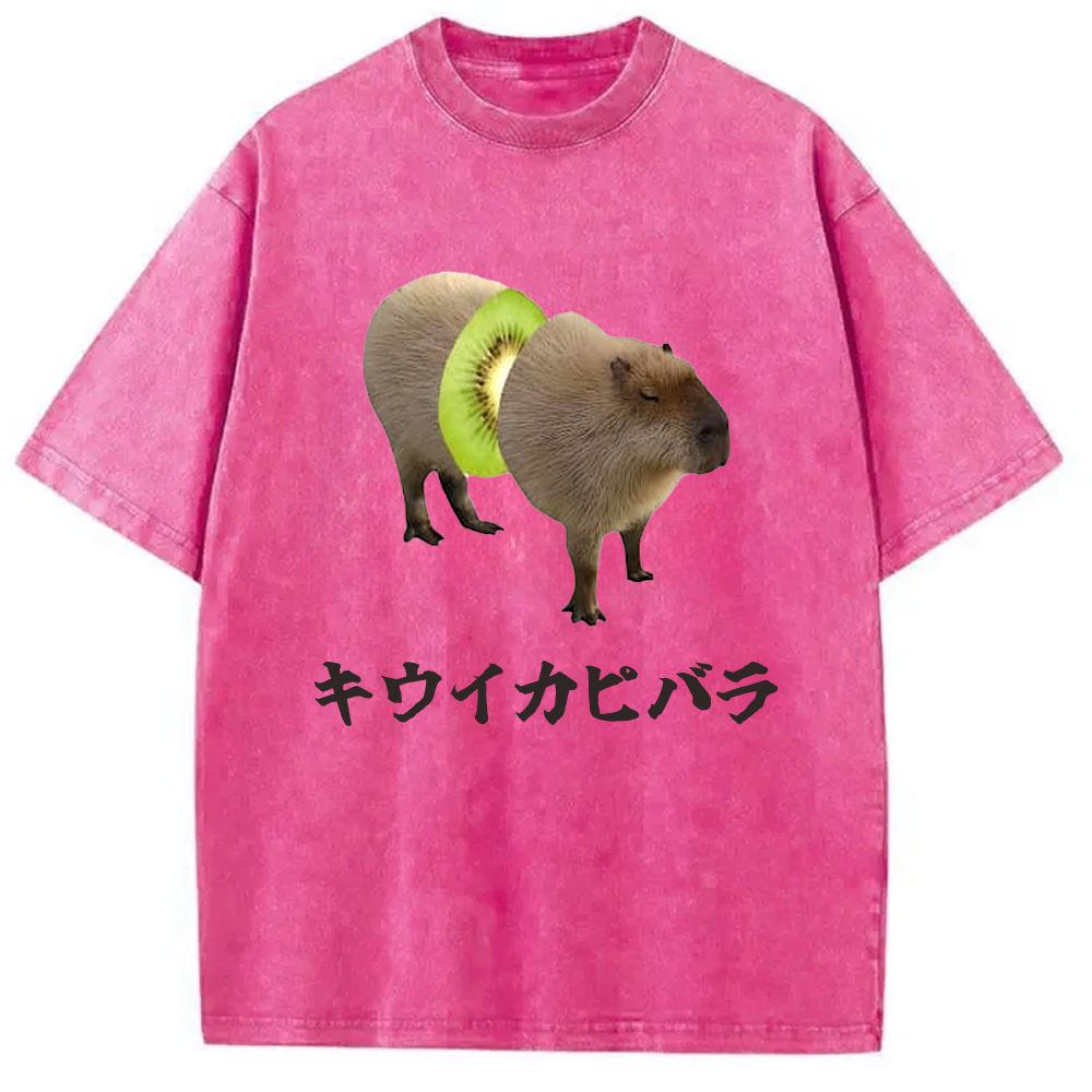 Tokyo-Assassin Kiwi Capybara Funny Meme Washed T-Shirt-Tokyo-Assassin