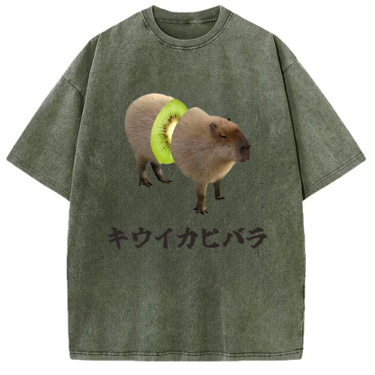 Tokyo-Assassin Kiwi Capybara Funny Meme Washed T-Shirt-Tokyo-Assassin