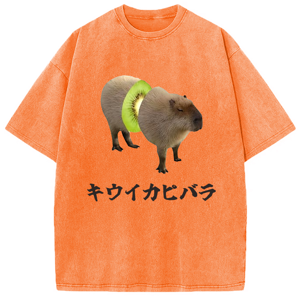 Tokyo-Assassin Kiwi Capybara Funny Meme Washed T-Shirt-Tokyo-Assassin