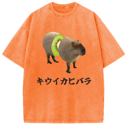 Tokyo-Assassin Kiwi Capybara Funny Meme Washed T-Shirt-Tokyo-Assassin