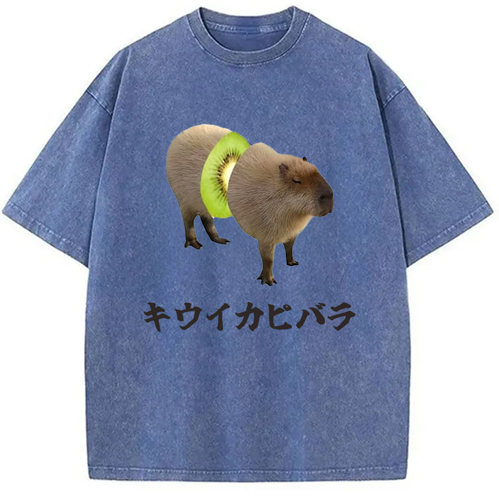 Tokyo-Assassin Kiwi Capybara Funny Meme Washed T-Shirt-Tokyo-Assassin