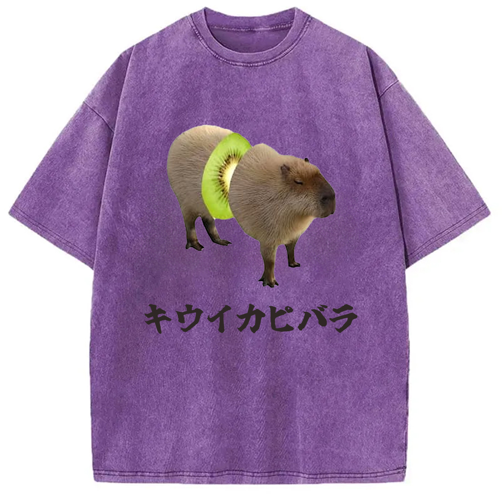 Tokyo-Assassin Kiwi Capybara Funny Meme Washed T-Shirt-Tokyo-Assassin