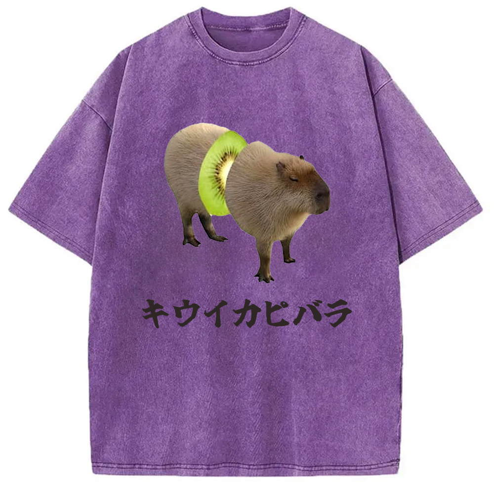 Tokyo-Assassin Kiwi Capybara Funny Meme Washed T-Shirt-Tokyo-Assassin