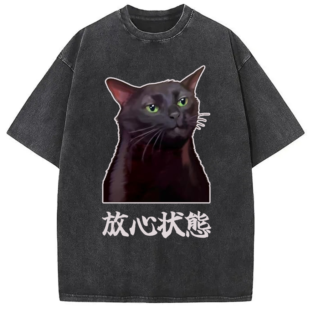 Tokyo-Assassin Black Cat Zoning Out Meme Washed T-Shirt-Tokyo-Assassin