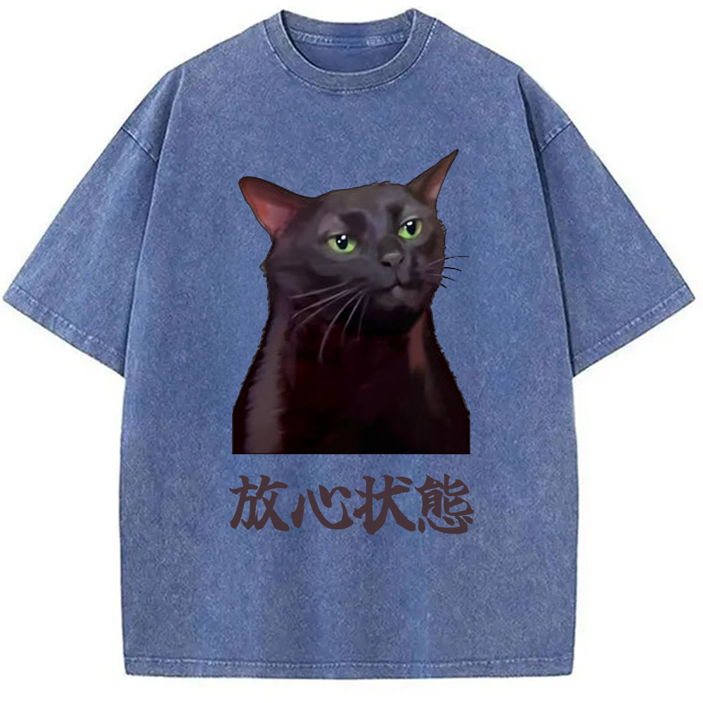 Tokyo-Assassin Black Cat Zoning Out Meme Washed T-Shirt-Tokyo-Assassin
