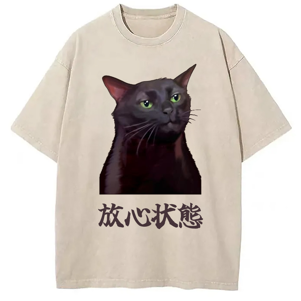 Tokyo-Assassin Black Cat Zoning Out Meme Washed T-Shirt-Tokyo-Assassin