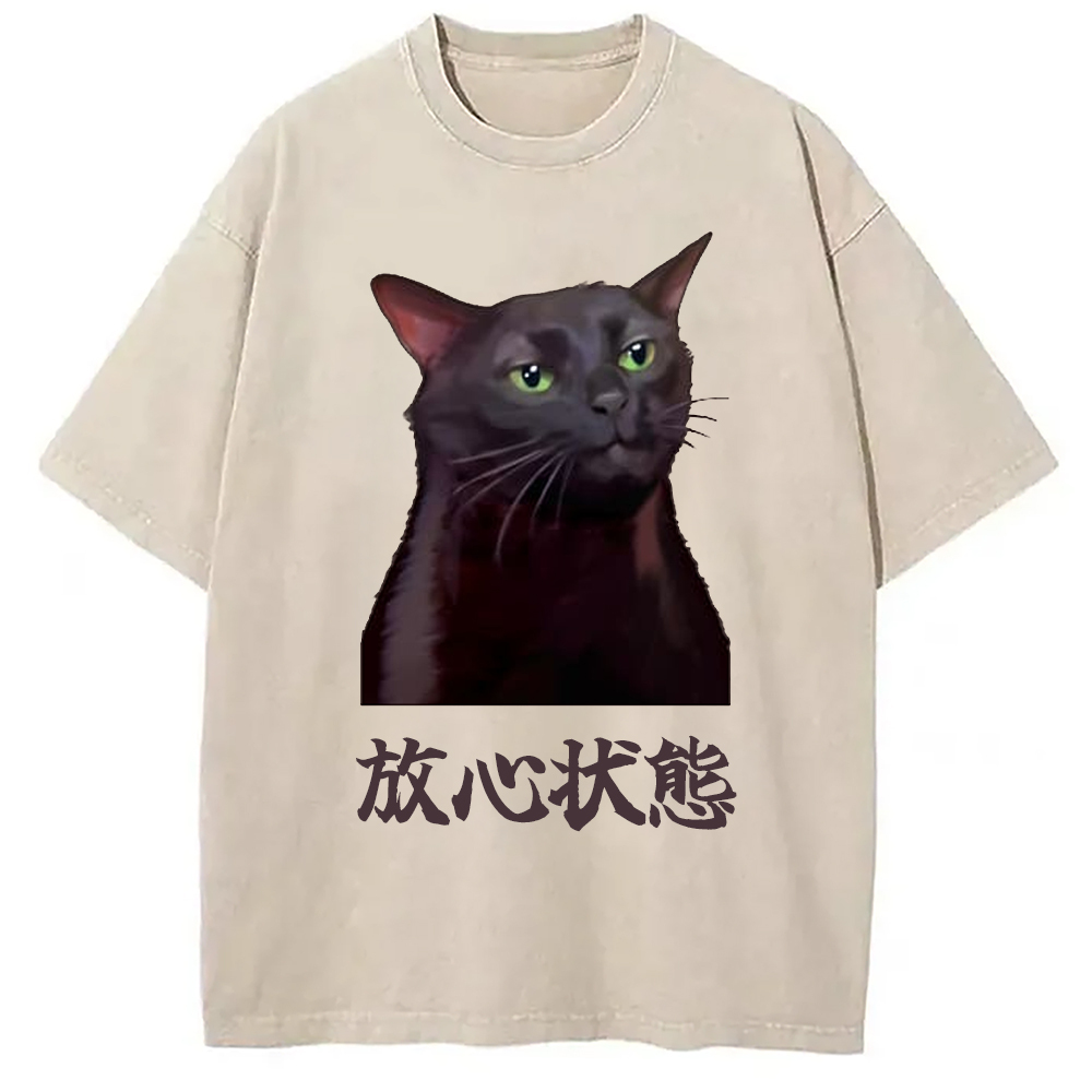 Tokyo-Assassin Black Cat Zoning Out Meme Washed T-Shirt-Tokyo-Assassin