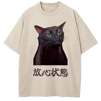 Tokyo-Assassin Black Cat Zoning Out Meme Washed T-Shirt-Tokyo-Assassin