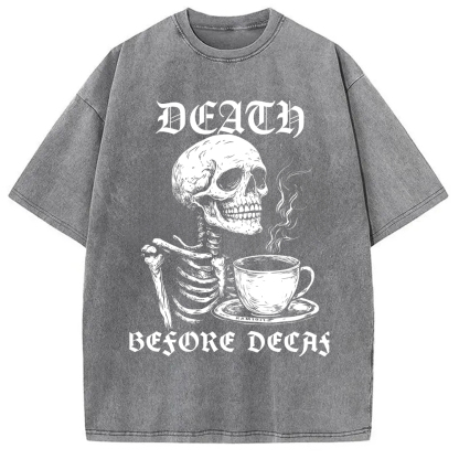 Tokyo-Assassin Death Before Decaf Skeleton Coffee Washed T-Shirt-Tokyo Assassin