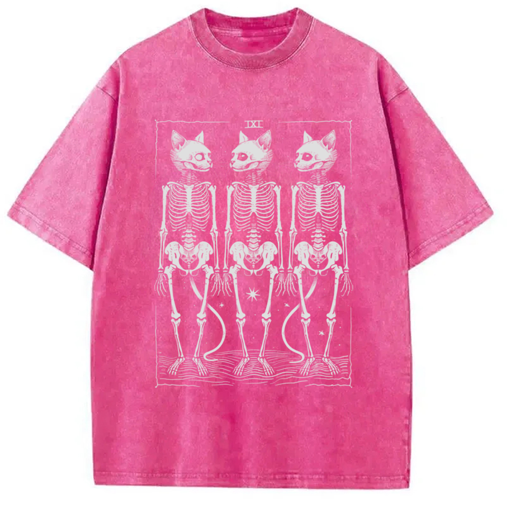 Tokyo-Assassin Tarot Cat Skeleton Washed T-Shirt-Tokyo-Assassin
