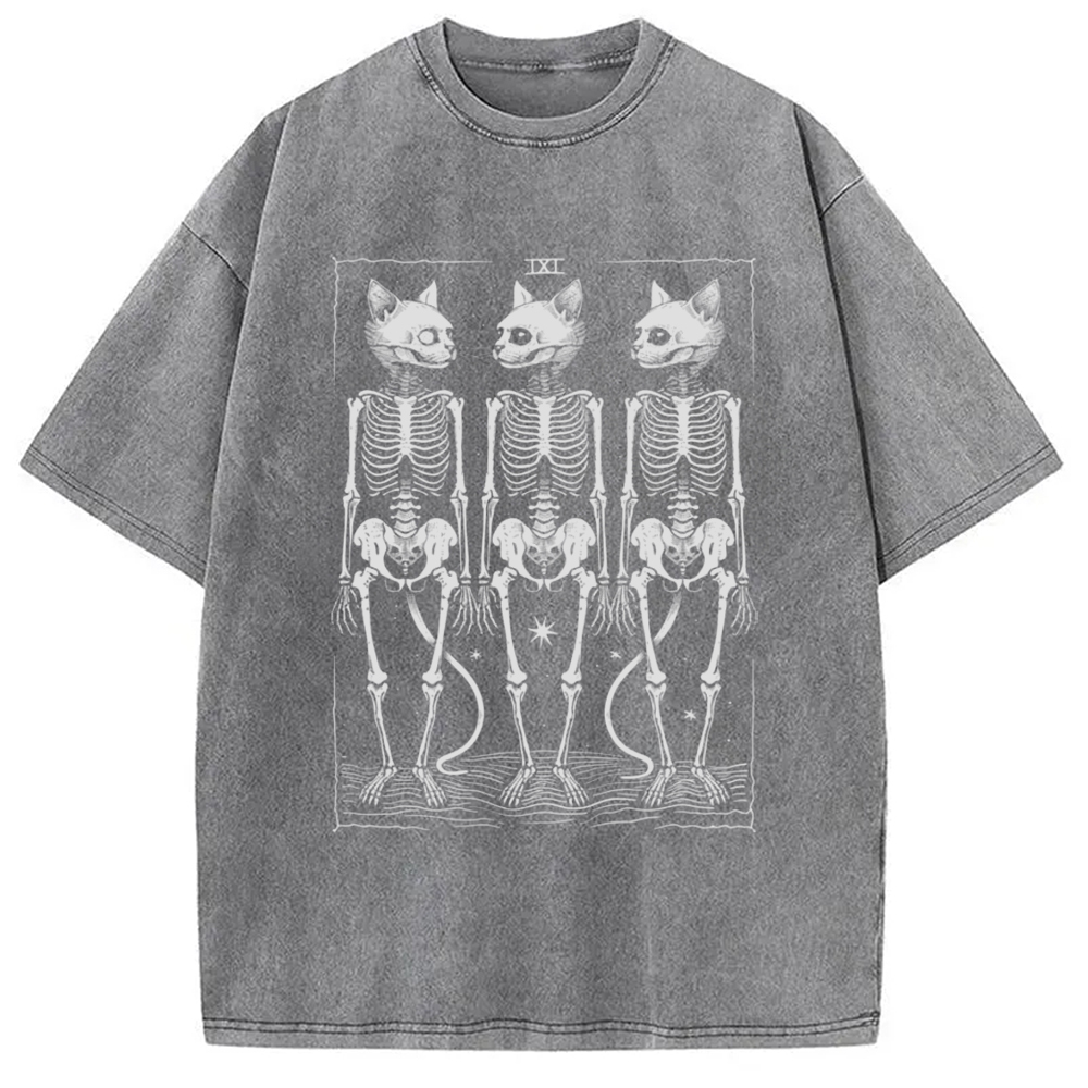 Tokyo-Assassin Tarot Cat Skeleton Washed T-Shirt-Tokyo-Assassin