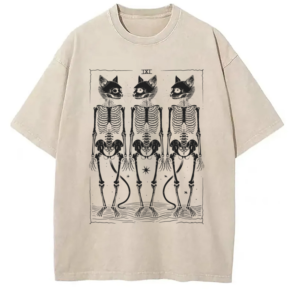 Tokyo-Assassin Tarot Cat Skeleton Washed T-Shirt-Tokyo-Assassin