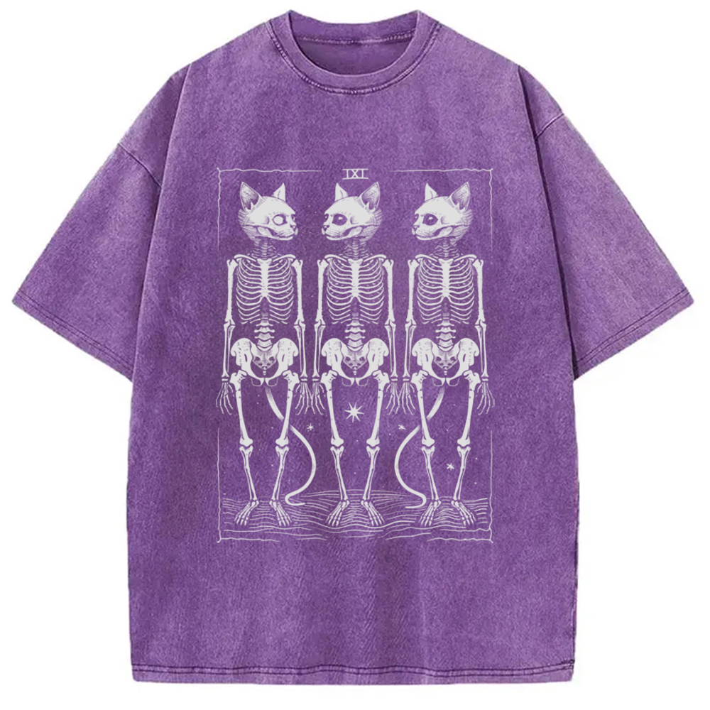 Tokyo-Assassin Tarot Cat Skeleton Washed T-Shirt-Tokyo-Assassin