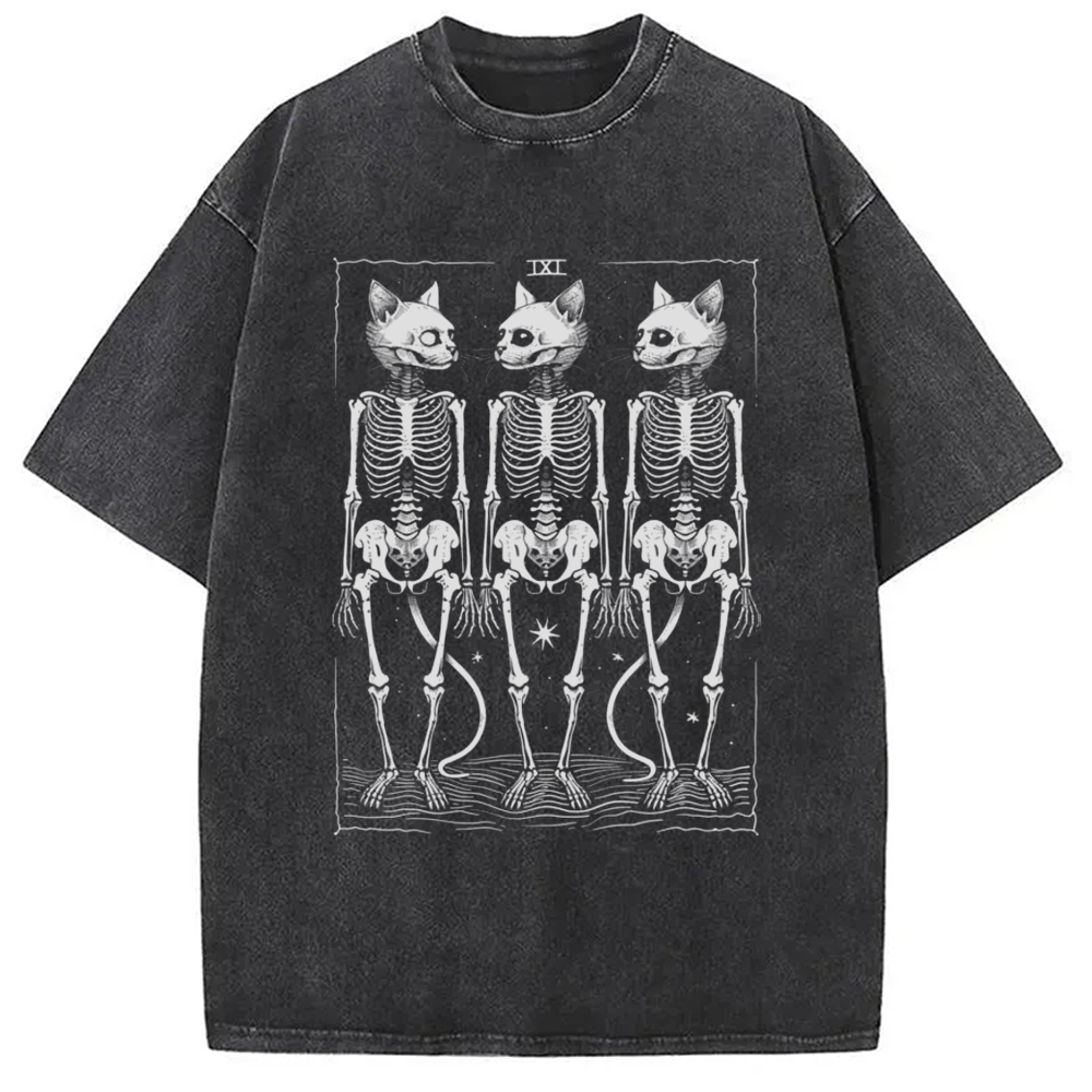 Tokyo-Assassin Tarot Cat Skeleton Washed T-Shirt-Tokyo-Assassin