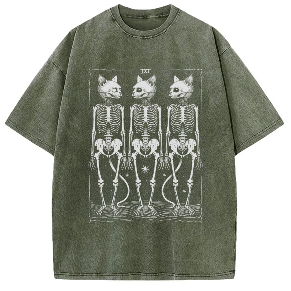 Tokyo-Assassin Tarot Cat Skeleton Washed T-Shirt-Tokyo-Assassin